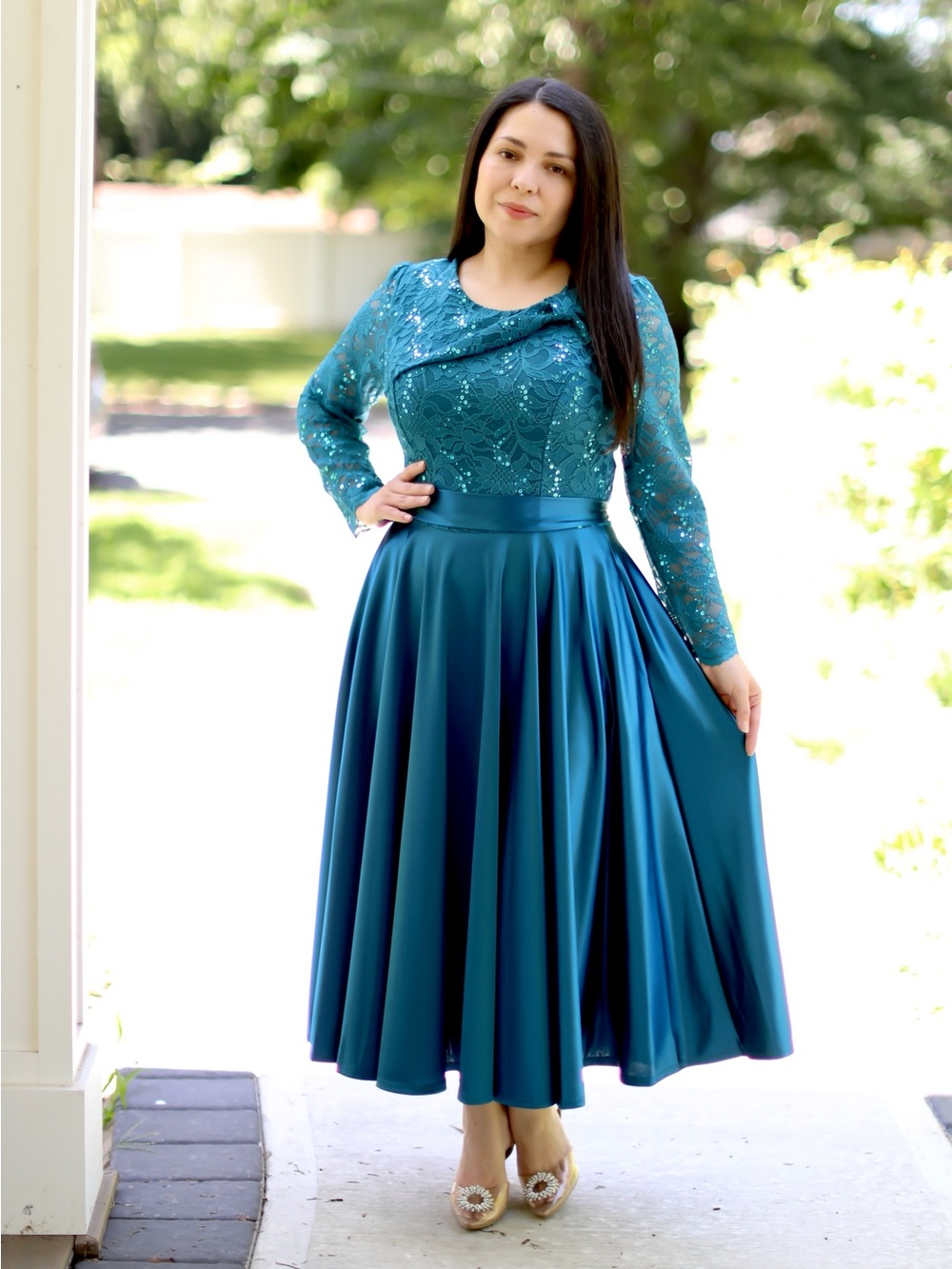 Teal Lace Bodice Satin Midi Dress